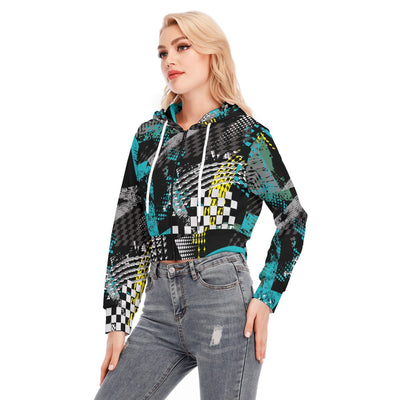 Ptahra B Black/Turquoise/Yellow/Grey Graphic Women's Crop Top Hoodie with Zipper Closure