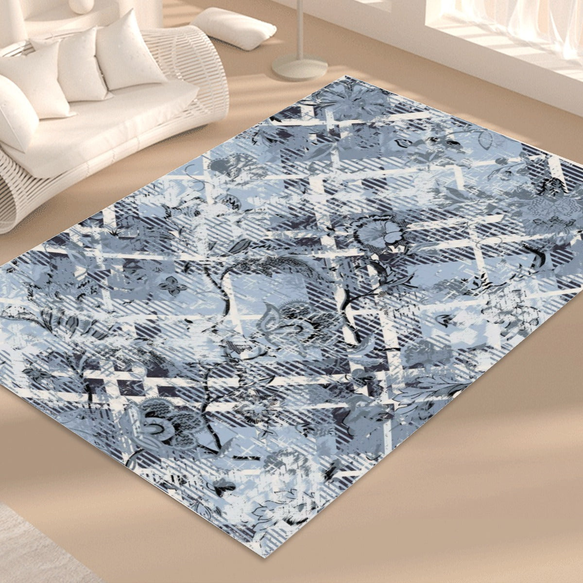 Ptahra B Blue Floral/Line Pattern Foldable Rectangular Floor Mat