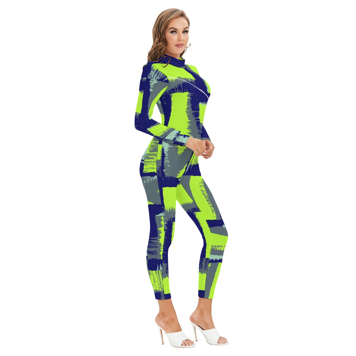 Ptahra B Women's Navy Blue/Grey/Lime Green Long-sleeved High-neck Jumpsuit with Zipper