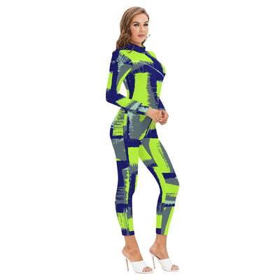 Ptahra B Women's Navy Blue/Grey/Lime Green Long-sleeved High-neck Jumpsuit with Zipper