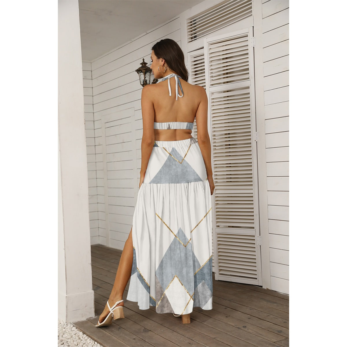 Ptahra B Women's White/Grey Pyramid Tie Back Wrap Dress