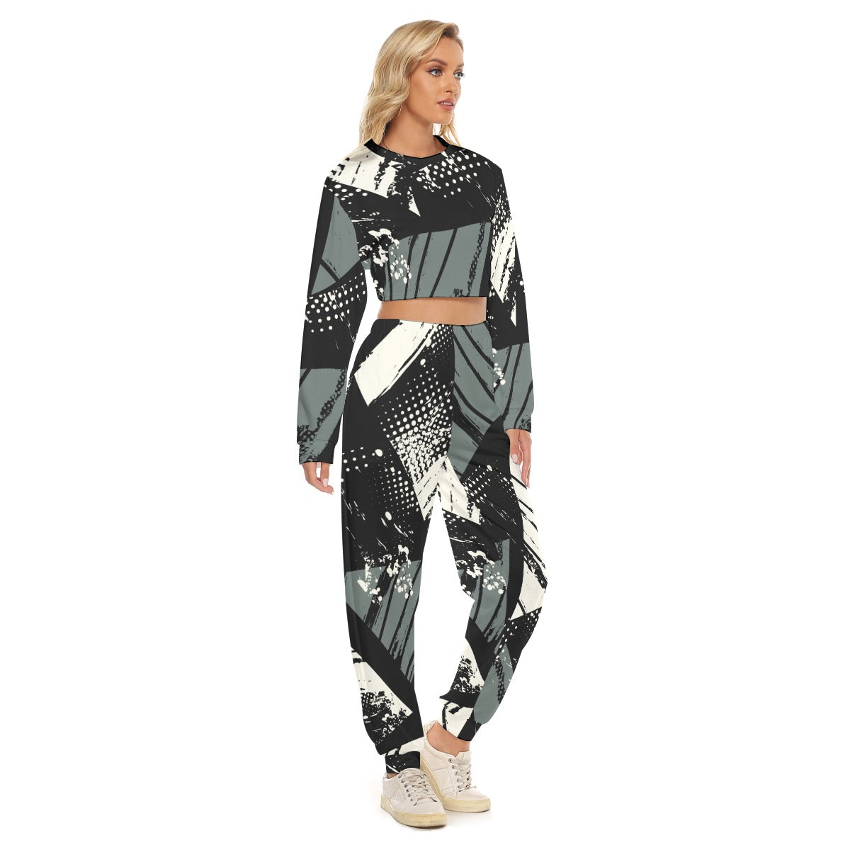 Ptahra B Women's Black/Grey/White Graphic/ Sporty Crop Sweatshirt Suit