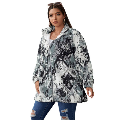 Ptahra B Grey/White/Black Borg Fleece Stand-up Collar Coat with Zipper Closure (Plus Size)