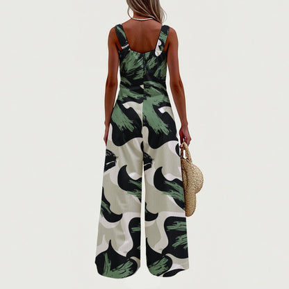 Women's Ptahra B Green Leaf Pattern Wide-Leg Jumpsuit