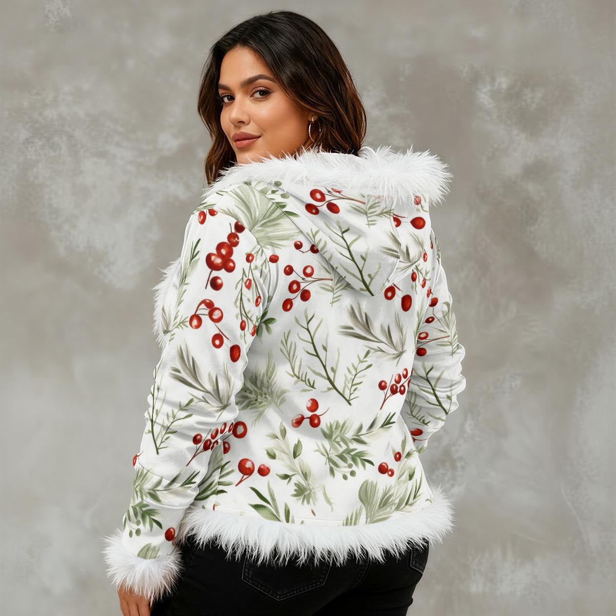Ptahra Women's White Cherry Leaf Floral Pattern Faux Fur Trim Hooded Jacket | Velvet