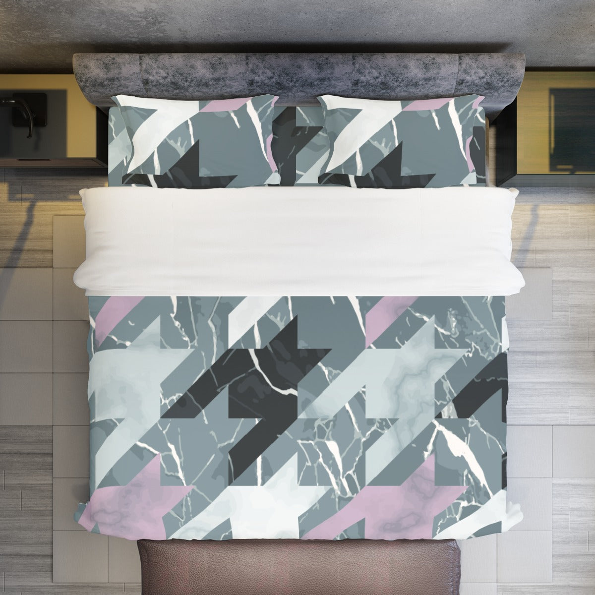 Ptahra B Grey/Purple/Black with White Four-piece Duvet Cover Set