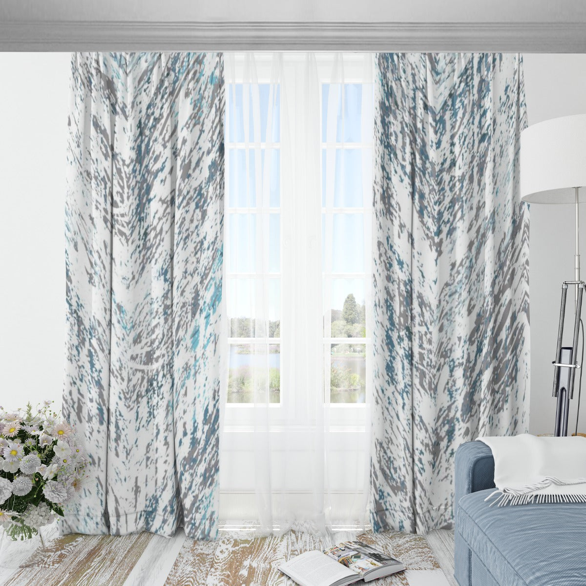 Ptahra B White/Paint Stroke Pattern Blackout Curtains with Hooks