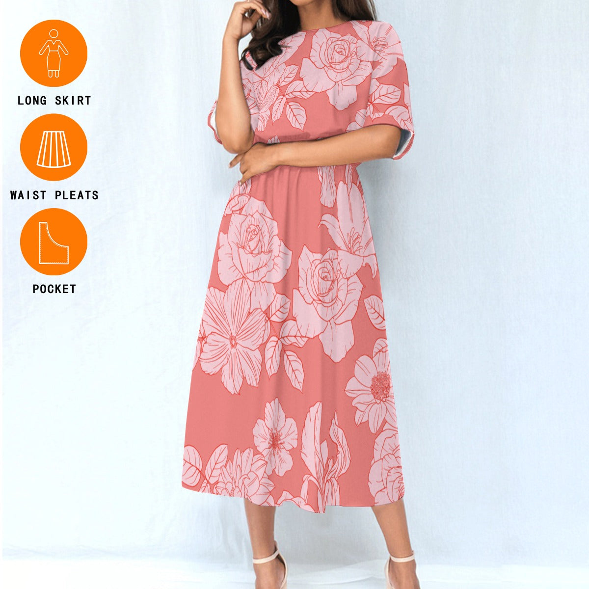 Ptahra B Women's Pink Floral Elastic Waist Dress