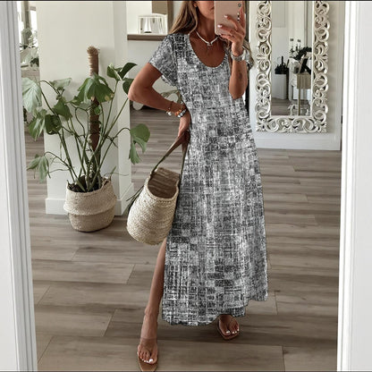 Ptahra Women's Grey/White Pattern Long Dress