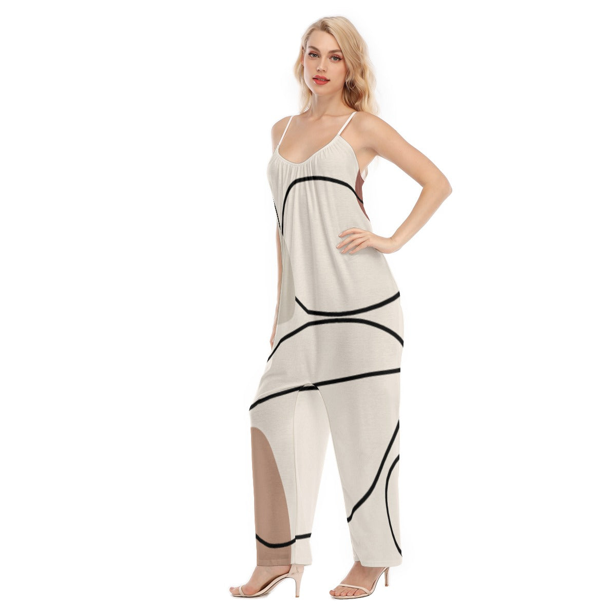 Ptahra Women's Beige/Black Circular Line Pattern Loose Cami Jumpsuit