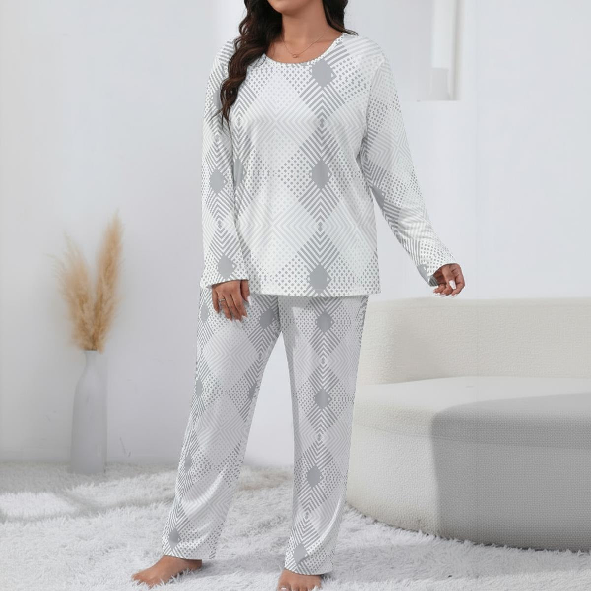 Ptahra Women’s White Light Grey Diamond Pattern Loungewear Set
