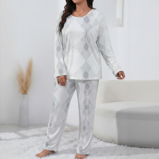 Ptahra Women’s White Light Grey Diamond Pattern Loungewear Set