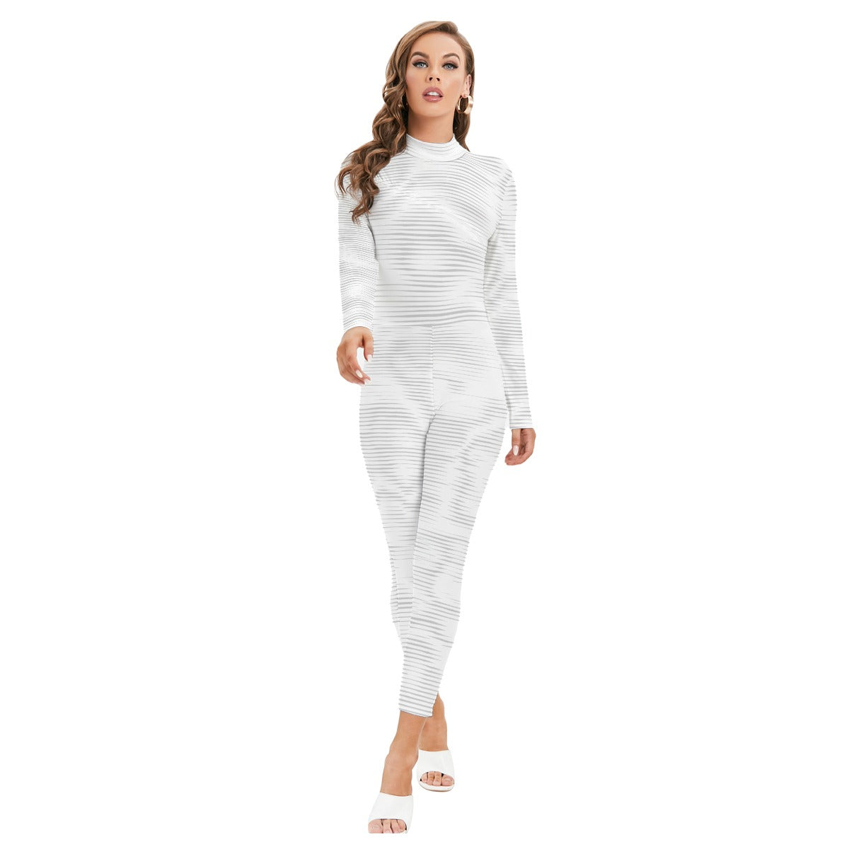 Ptahra B Women's White/Grey Design Long-sleeved High-neck Jumpsuit with Zipper
