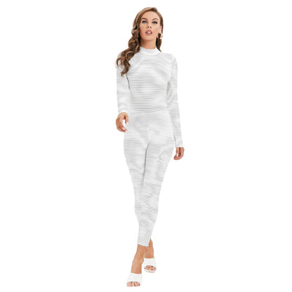 Ptahra B Women's White/Grey Design Long-sleeved High-neck Jumpsuit with Zipper