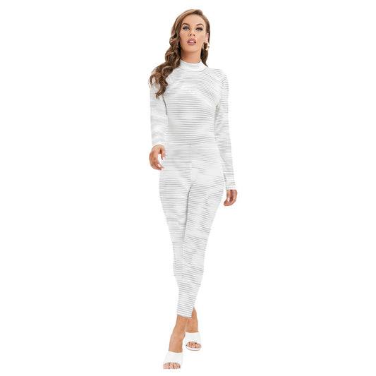 Ptahra B Women's White/Grey Design Long-sleeved High-neck Jumpsuit with Zipper