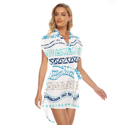Ptahra B Women's White/Blue Beach feel Stand-up Collar Casual Dress with Belt