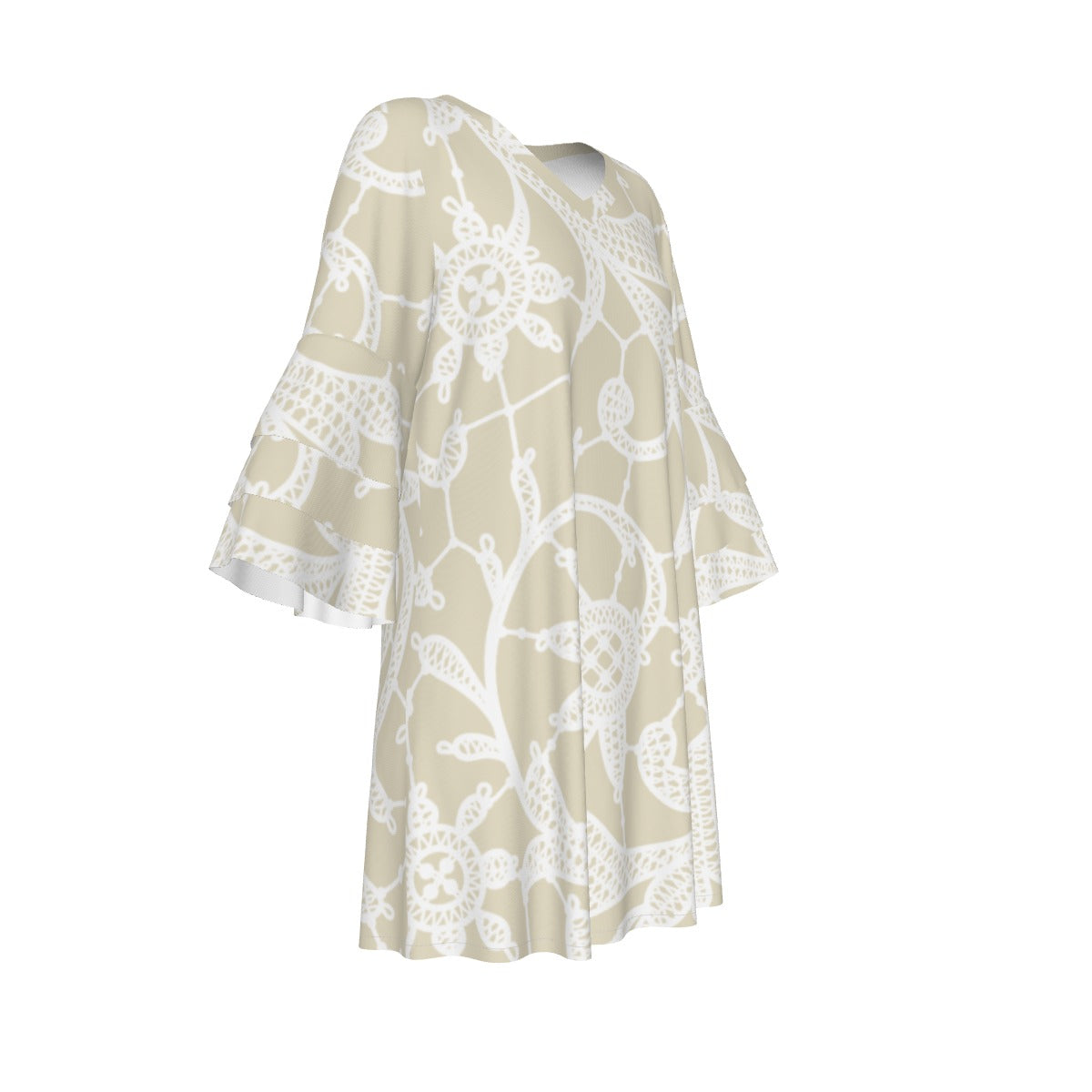 Ptahra B Women's Floral Nitted Style Pattern Stacked Ruffle Sleeve Dress