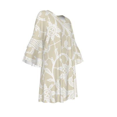 Ptahra B Women's Floral Nitted Style Pattern Stacked Ruffle Sleeve Dress