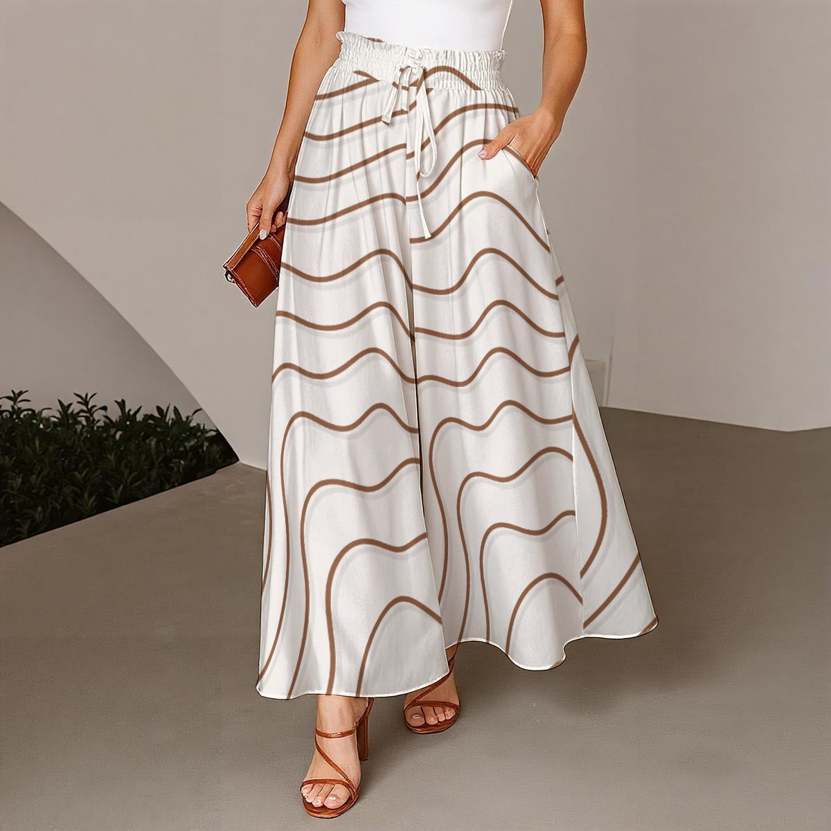 Ptahra Women's White/Brown Swerve Line Pattern Ruffled Wide-Leg Pants