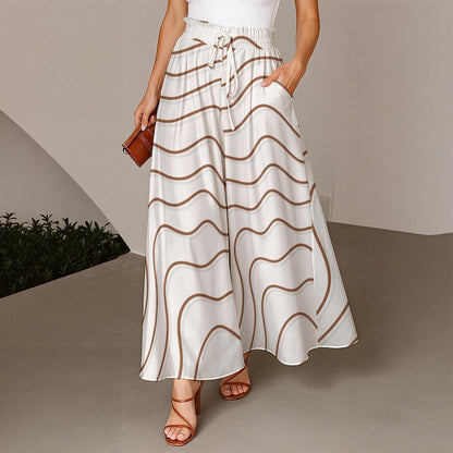 Ptahra Women's White/Brown Swerve Line Pattern Ruffled Wide-Leg Pants