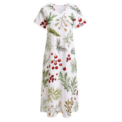 Ptahra B Women's White/Leaf/Cherry V-neck Dress with Side Slit