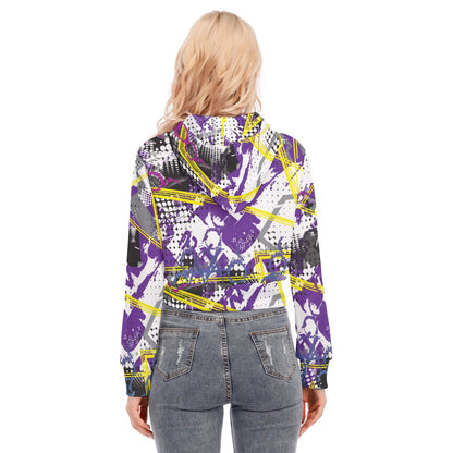 Ptahra B White/Black/Yellow/Purple Graphic Women's Crop Top Hoodie with Zipper Closure