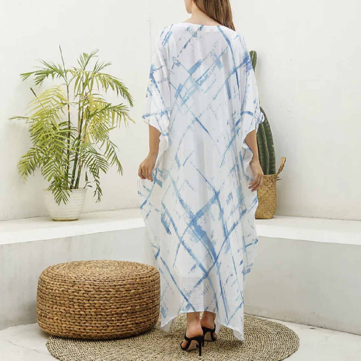 Ptahra B Women's White/Blue Line Pattern Imitation Silk V-neck Kaftan Robe