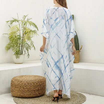 Ptahra B Women's White/Blue Line Pattern Imitation Silk V-neck Kaftan Robe