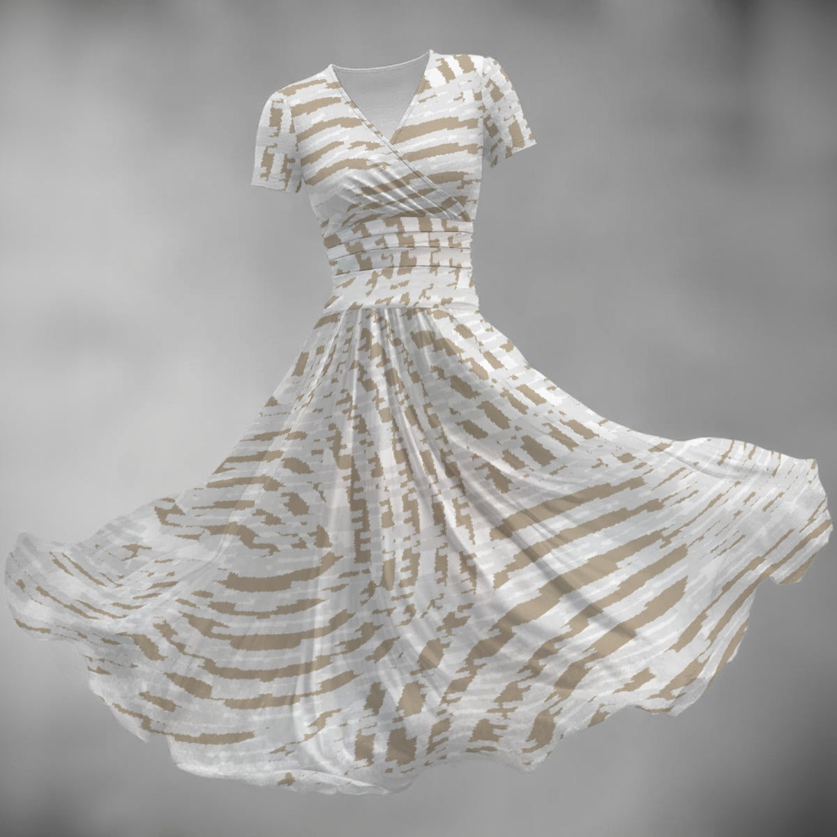 Ptahra Women's White/Light Brown Circle Line Pattern Short Sleeve V Neck Midi Dress