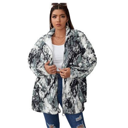 Ptahra B Grey/White/Black Borg Fleece Stand-up Collar Coat with Zipper Closure (Plus Size)