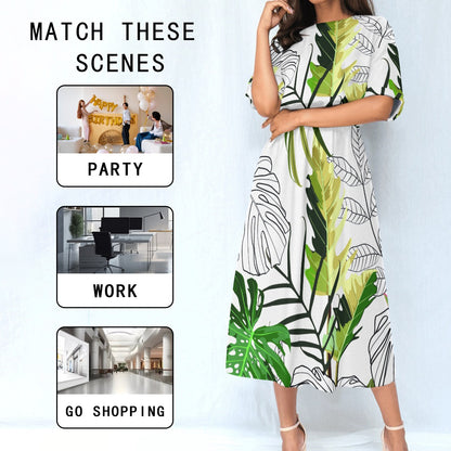 Ptahra B Women's Green Leaf Pattern on White Elastic Waist Dress