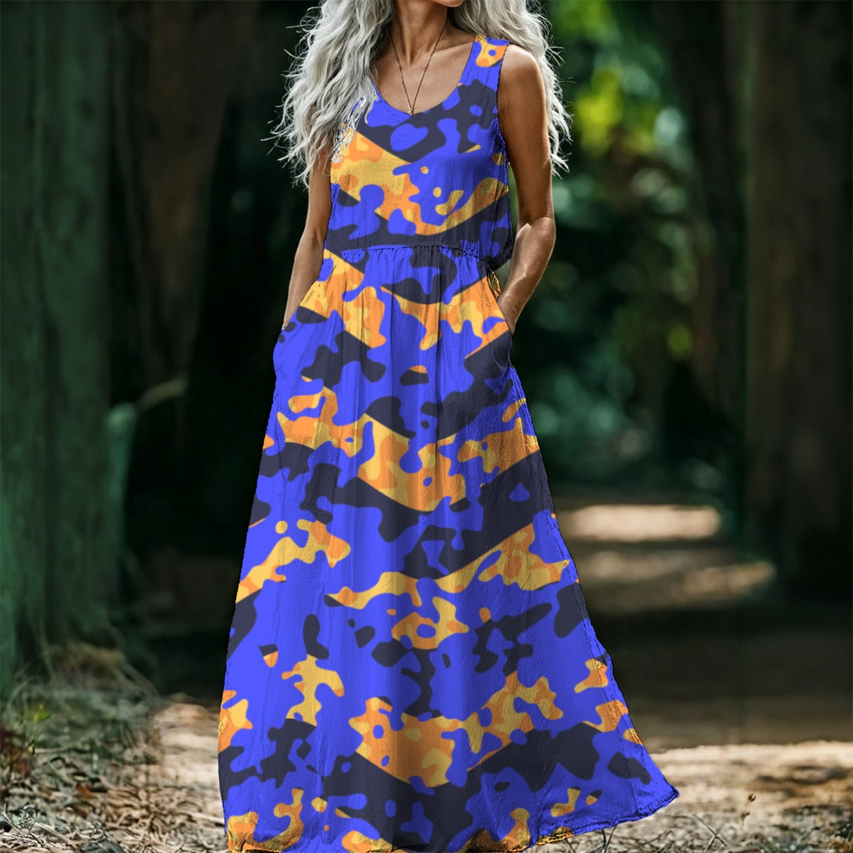 Ptahra B Women’s Zigzag with Blue Camo Sleeveless Maxi Dress