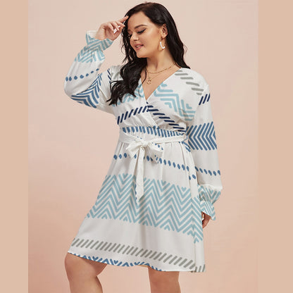 Ptahra B Women's White/Blue/Grey Multi-Pattern V-neck Dress with Waistband