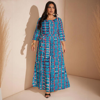 Ptahra Women’s Blue Square/Hint of Red & Black Maxi Dress