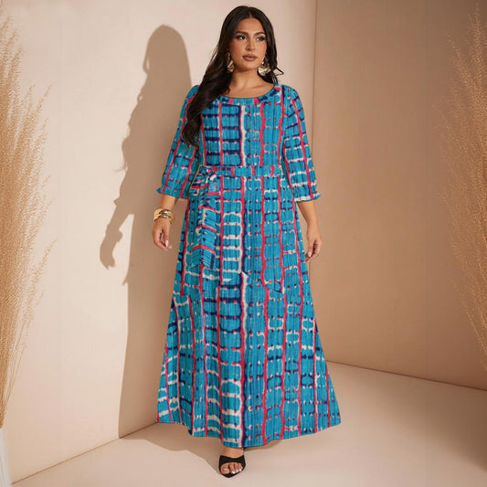 Ptahra Women’s Blue Square/Hint of Red & Black Maxi Dress