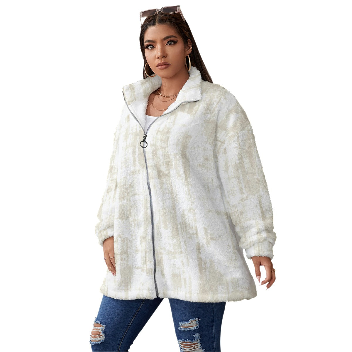 Ptahra B Borg Fleece Stand-up Collar Coat With Zipper Closure (Plus Size)