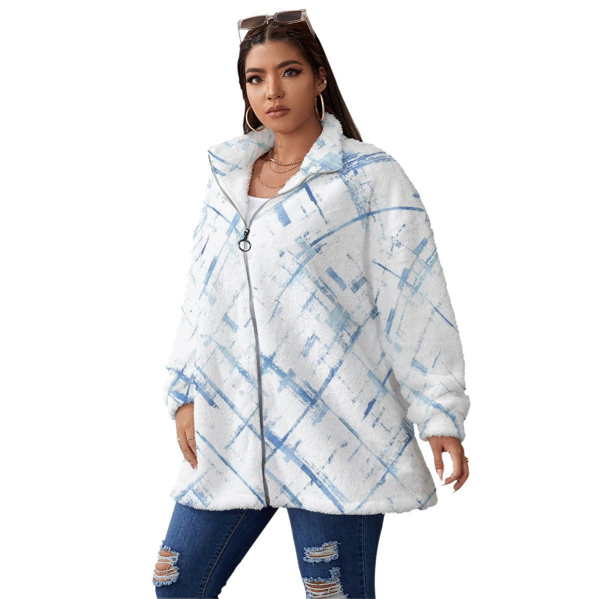 Ptahra B White/Blue Line Pattern Borg Fleece Stand-up Collar Coat with Zipper ClosPlus Size)