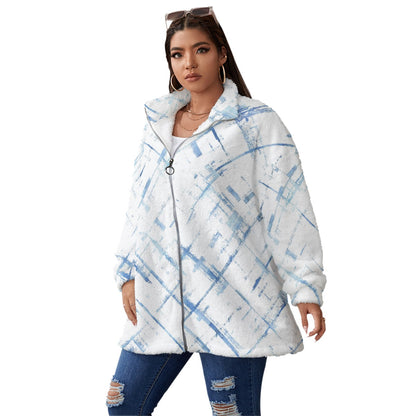 Ptahra B White/Blue Line Pattern Borg Fleece Stand-up Collar Coat with Zipper ClosPlus Size)