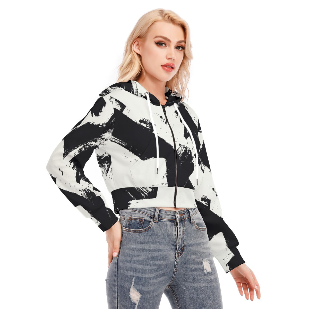 Ptahra B Women's Black/White Pattern Crop Top Hoodie with Zipper Closure