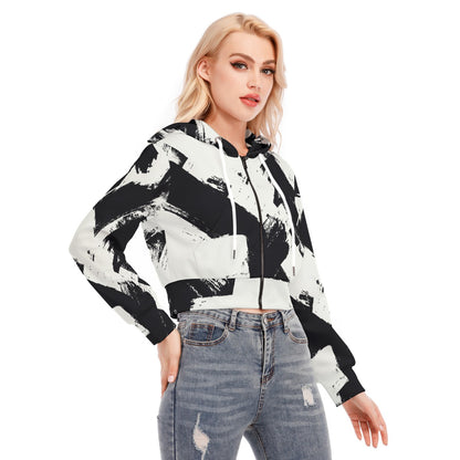 Ptahra B Women's Black/White Pattern Crop Top Hoodie with Zipper Closure