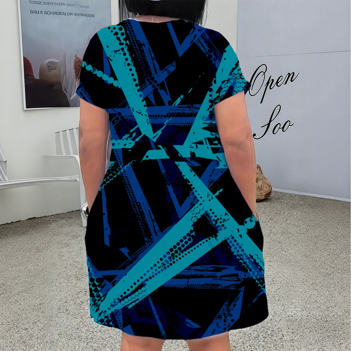 Ptahra B Women's Black/Turquoise/Blue Slash Pattern V Neck Short Sleeve Dress/Plus Size