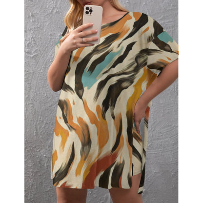 Ptahra B Women's Multi-Color Art Drop-Shoulder T-Shirt with Side Split and Shorts