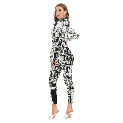 Ptahra B Women's White/Black Art Long-sleeved High-neck Jumpsuit with Zipper