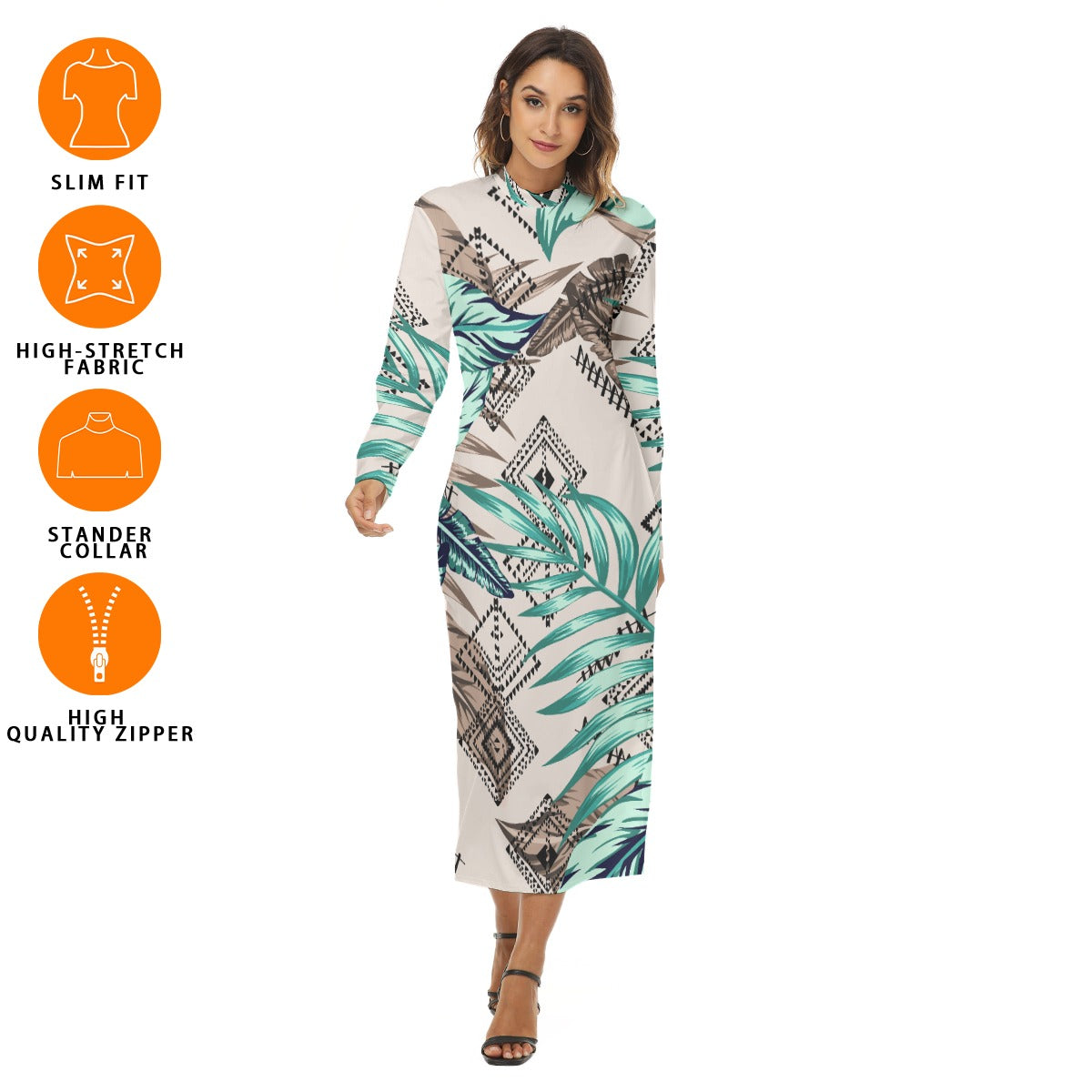 Ptahra B Light Beige/Green Leaf/Diamond Pattern Women's Hip Dress