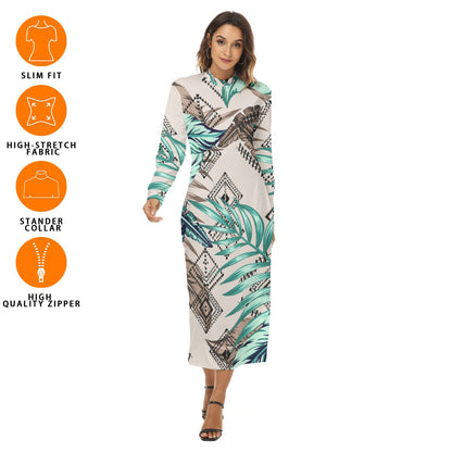 Ptahra B Light Beige/Green Leaf/Diamond Pattern Women's Hip Dress