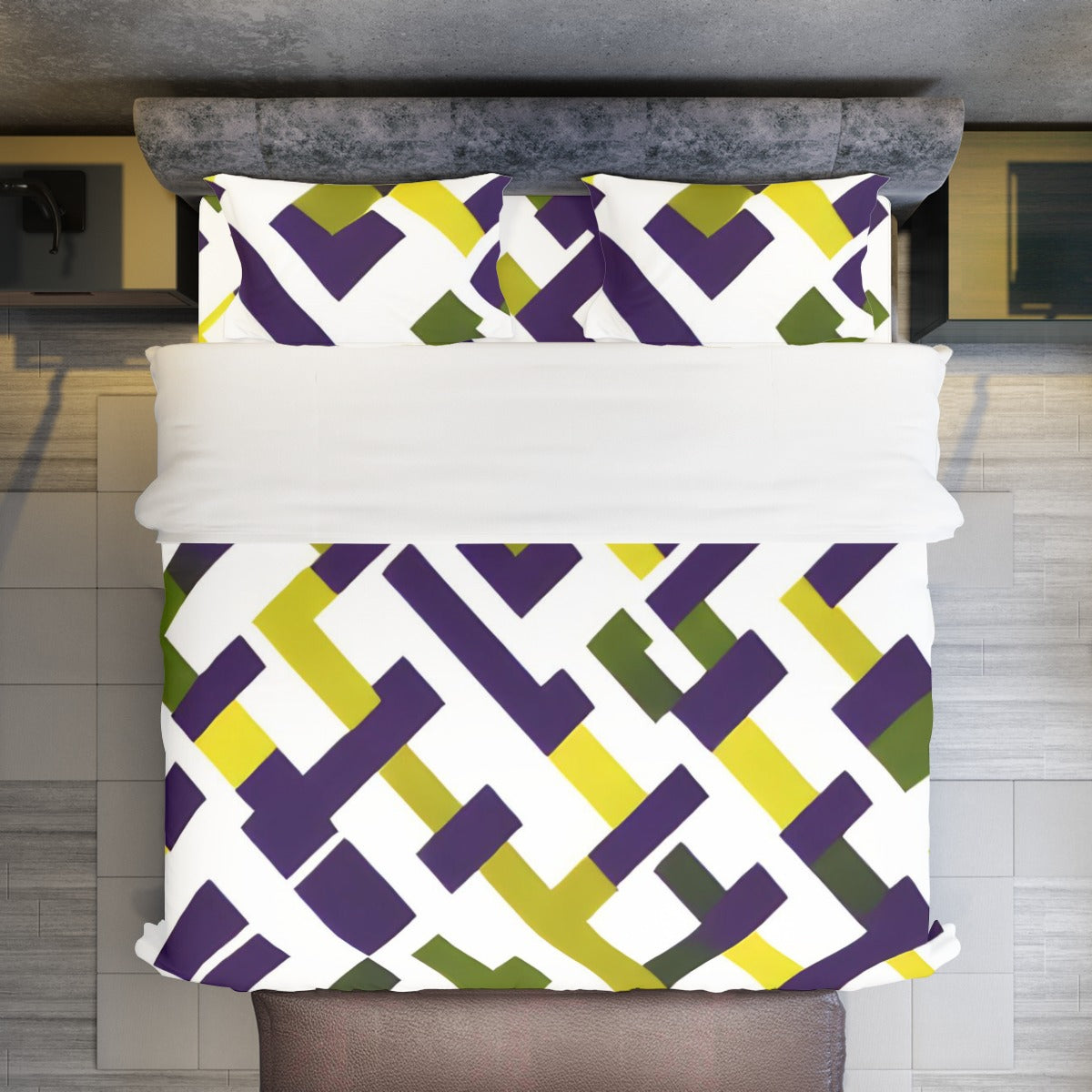 Ptahra White Multi-Color Rectangle Line Pattern Four-piece Duvet Cover Set