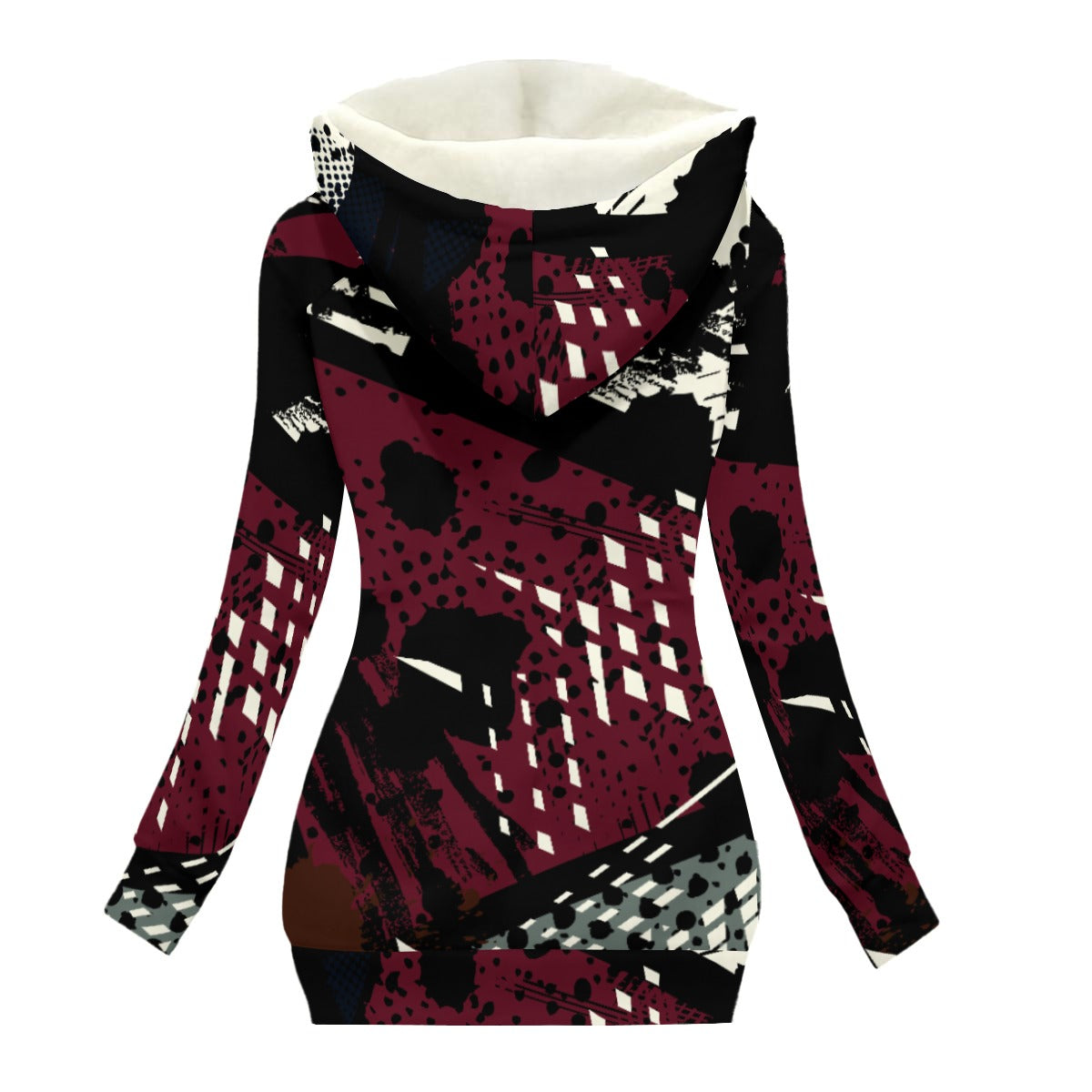 Ptahra Women's Black/Burgundy/White Graphic Design Long Jacket With Fleece Lining