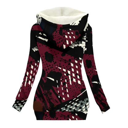 Ptahra Women's Black/Burgundy/White Graphic Design Long Jacket With Fleece Lining