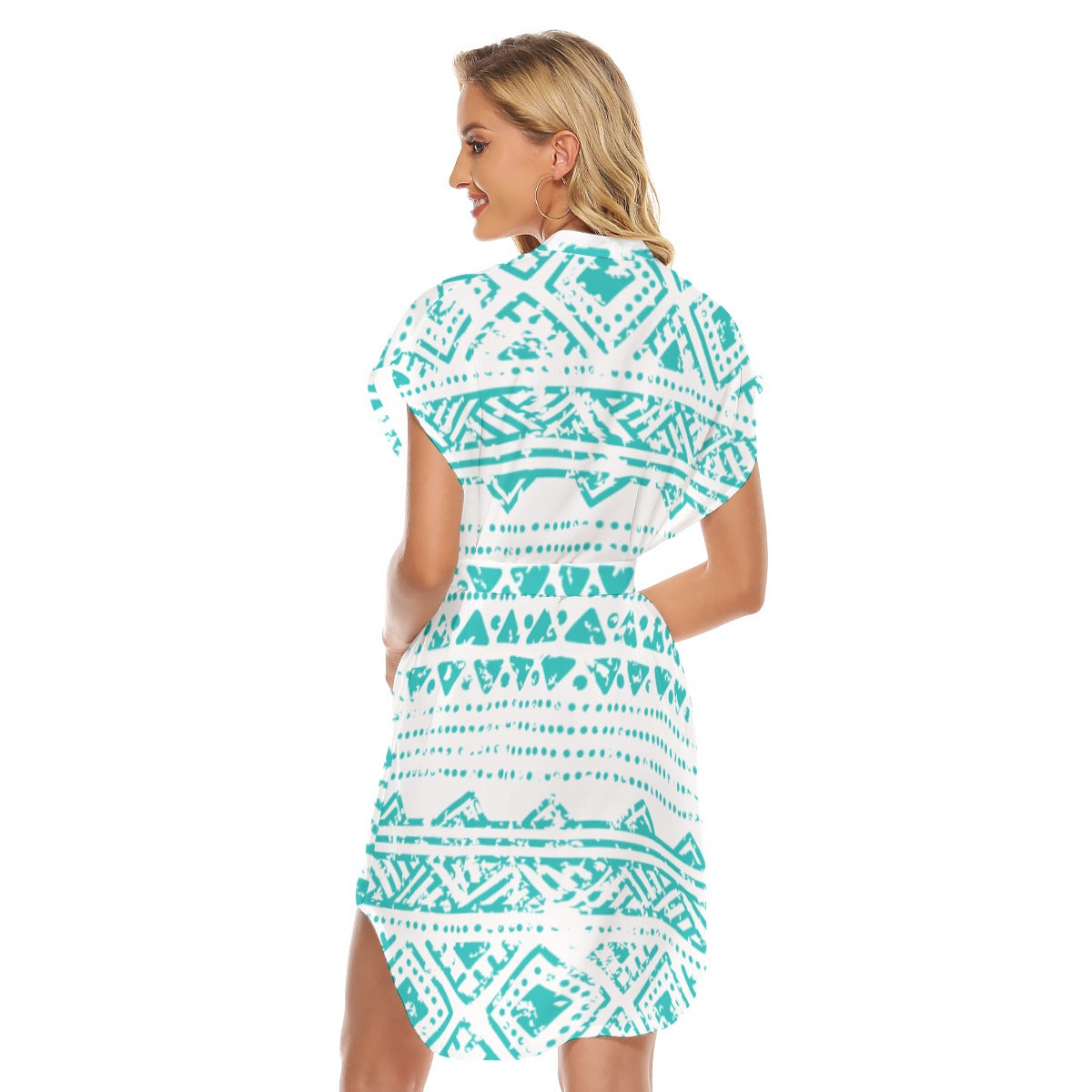 Ptahra B Women's White/Turquoise Pyramid Style Stand-up Collar Casual Dress With Belt