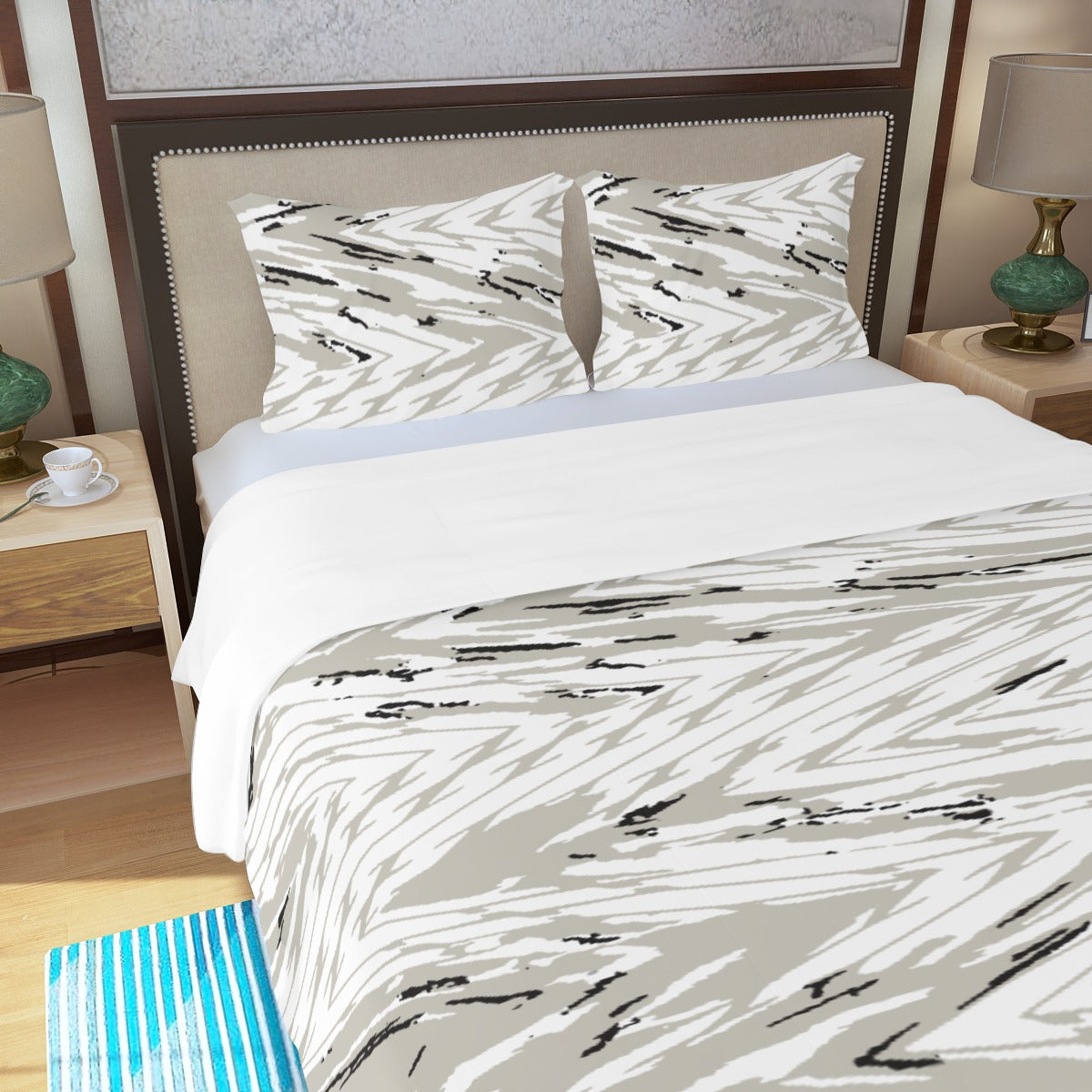 Ptahra B Grey/White Zigzag Art Style Three Piece Duvet Bedding Set